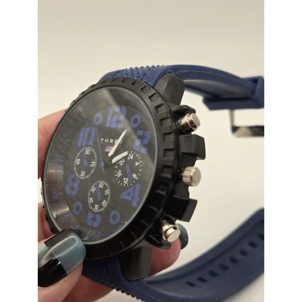 Accutime THRE3 Mens Sport Watch Black/Blue Dial Tachymeter Quartz Blue Silicone